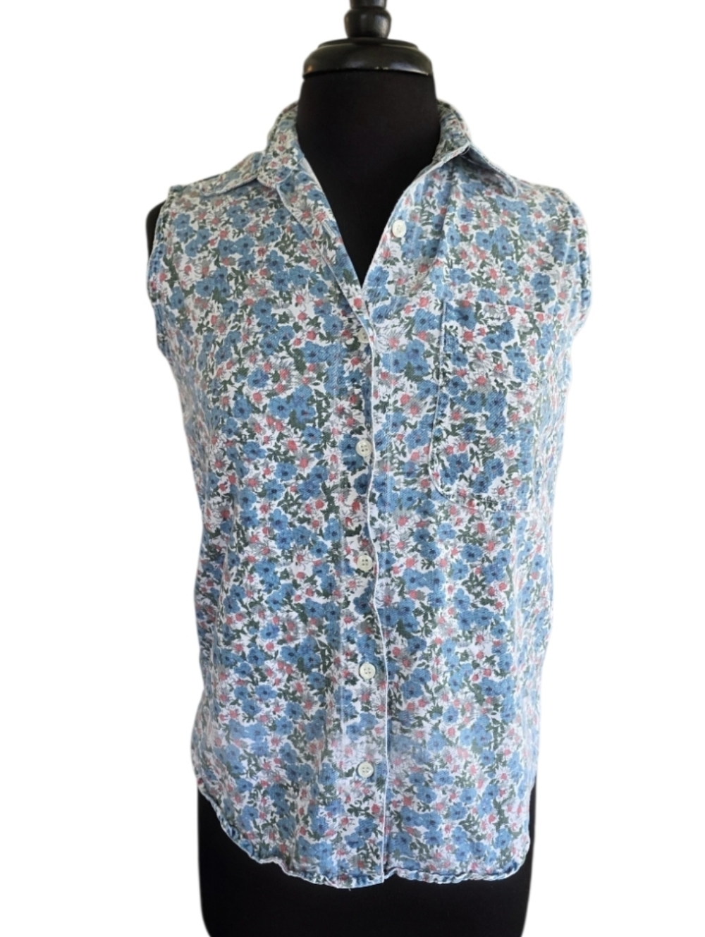 Vintage 90s Cottagecore Tank Blue Floral Sleeveless Button-Front Tank